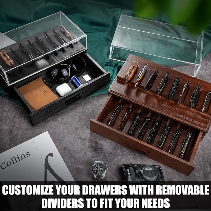 Pocket Knife Display Case for 16 Knives - Wooden Knife Collection Case Clear Cover - Two-Tier Knife Cases for Collections with a Removable Drawer Insert for Other EDC Items EDC Case - Brown
