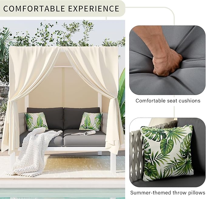 Polibi Outdoor Patio Sunbed with Beige CurtainsOutdoor Sun Lounger Bed with PillowsRubber Core Rope Weaving Outdoor Double Chaise Lounge Suitable for PoolGardenGray+Beige