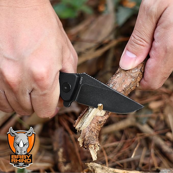 Off-Grid Gear Baby Rhino Compact Pocket Knife - Sandvik 12C27 G10 Scales Lightweight Design for Camping Hiking and Fishing (Nightfall)