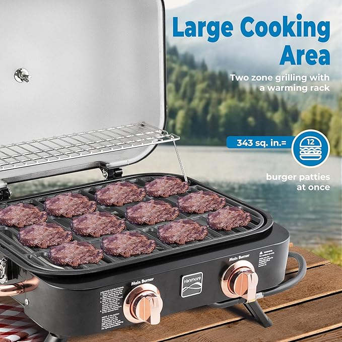 Kenmore 2-Burner Portable Gas Grill Tabletop BBQ Grill with Warming Rack Foldable Legs Stainless Steel Burners Fits 5 &amp 20 lb Propane Tanks Ideal for Camping &amp Tailgating Black &amp Cop