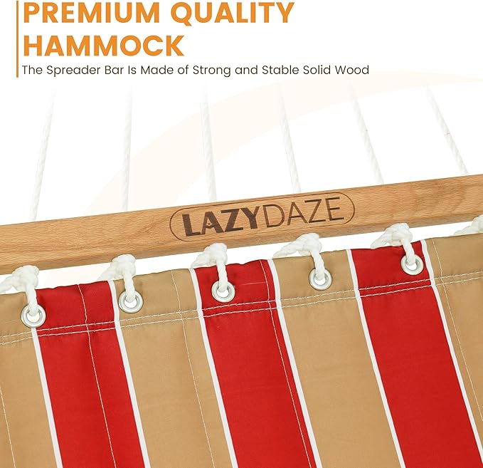 Lazy Daze Hammocks Hammock Quilted Fabric with Pillow for Two Person Double Size Spreader Bar Heavy Duty Stylish Red &amp Tan Stripe