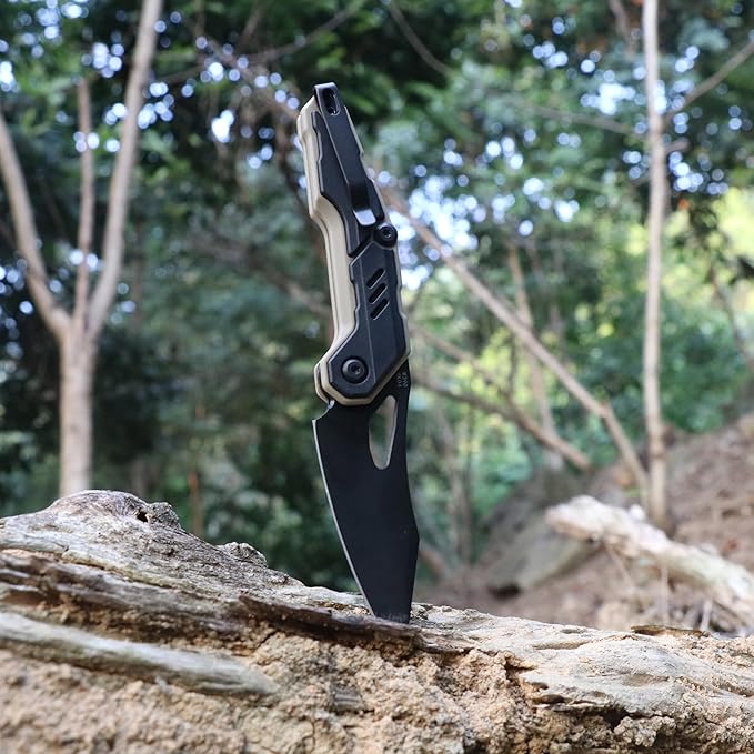 Hightron SPECTRON M390 Fidget Pocket Knife military survival folding front flipper 3.05 Blade with Black&ampKhaki Nylon Fiber Handle EDC gift