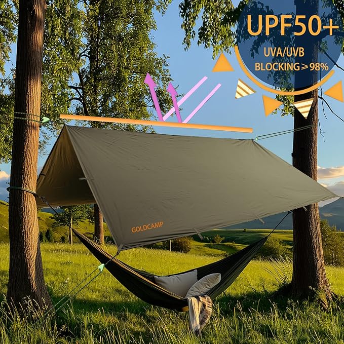 GOLDCAMP Waterproof Camping Tarp70D Nylon 10X13.2ft Hammock Rain Fly UV 50+ and PU15000mm Tent Tarp Shelter CanopyHeavy Duty Multifunctional Sun Shade Essentials for Hiking (120''X120'')