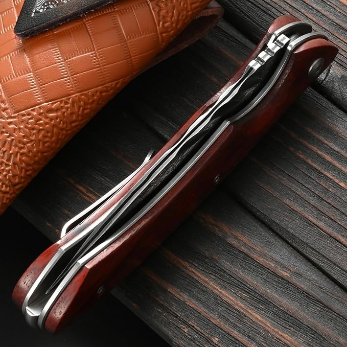 Sitivien ST242 Damascus Steel Folding KnifeFlipper Liner Lock Knife with Damascus VG10 Core BladeDalbergia Handle for Everyday Carry Hunting and Outdoor
