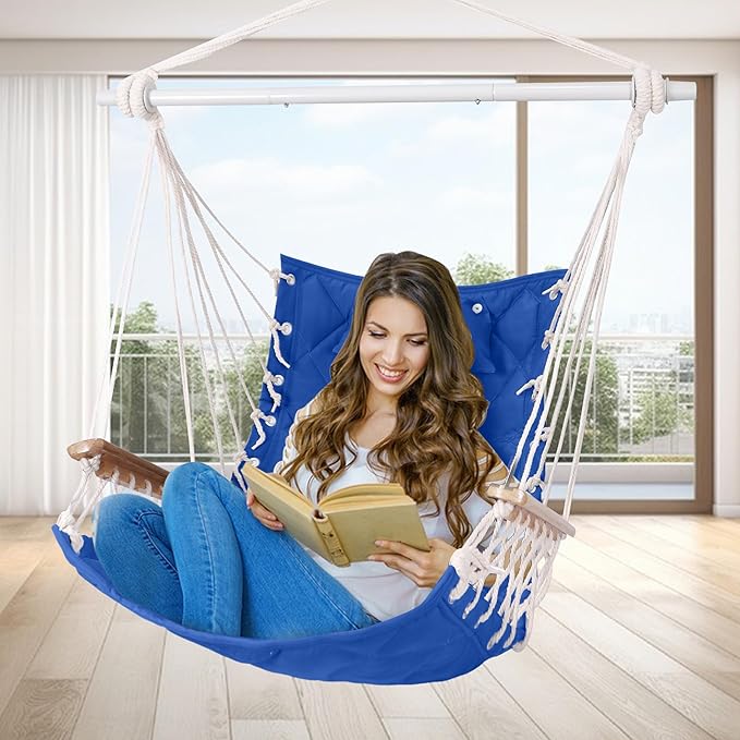 Hammock Chair Hanging Swing with Wooden ArmrestSteel Spreader BarPillowsHardware kit IncludedCotton WovenUp to 350 Lbsfor Indoor Outdoor Blue