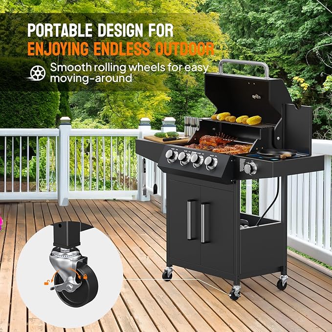 ROVSUN 4 Burner Propane Gas Grill with Side Burner 58000BTU BBQ Grills with Enameled Cast Iron Grates Shelf &amp Cabinet for Outdoor Garden Patio Backyard Barbecue Cooking