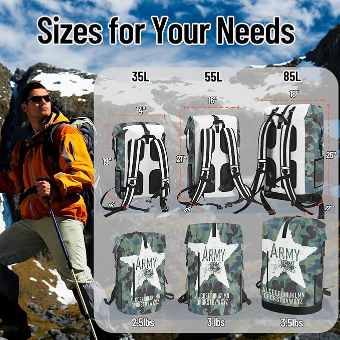 Waterproof Dry Bag Heavy Duty Marine Dry Bags for Kayaking Hiking Camouflage Green Backpack Roll-Top Closure Bag - Backpack Waterproof Phone Case 35L/55L/85L