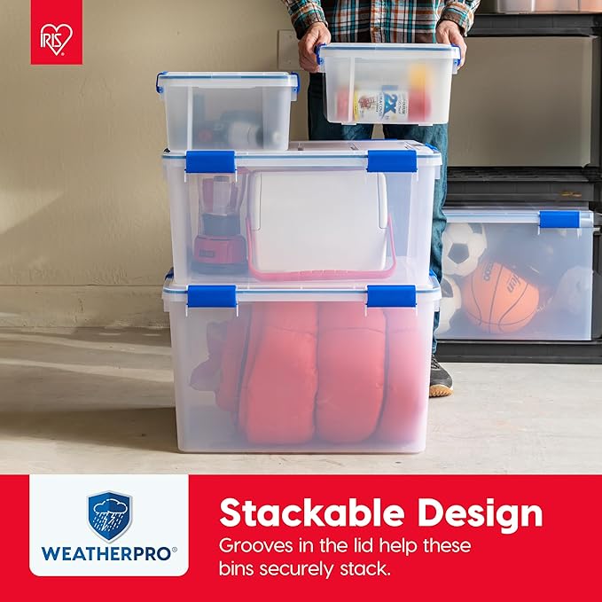 IRIS USA WeatherPro 16 Qt Storage Bins with Lids 3 Pack BPA-Free Plastic Gasket Box with Tight Latch and Seal Stackable Nestable Tote Tub - Clear/Blue
