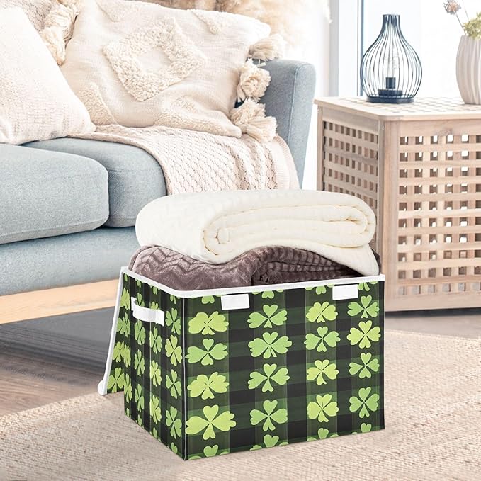 Clover Stripes Fabric Storage Bins with Lids and HandleFoldable Storage Bins with LidsCloset Organizers for Clothes Storage Room Organization Office Storage Chest Organizer