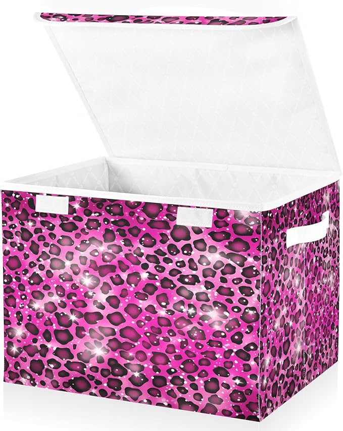 Leopard Gradient Glitter Decoration Sequins Peach Purple Storage Box with Lid Stackable Fabric Storage Large Storage Bins