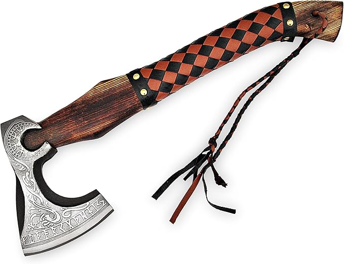 SFG - 19 Handmade Alloy Steel Axe Durable Sharp Blade Lanyard Included. Forged for Hunting Camping Kindling Chopping Firewood Branch Cutting or Informal Throwing