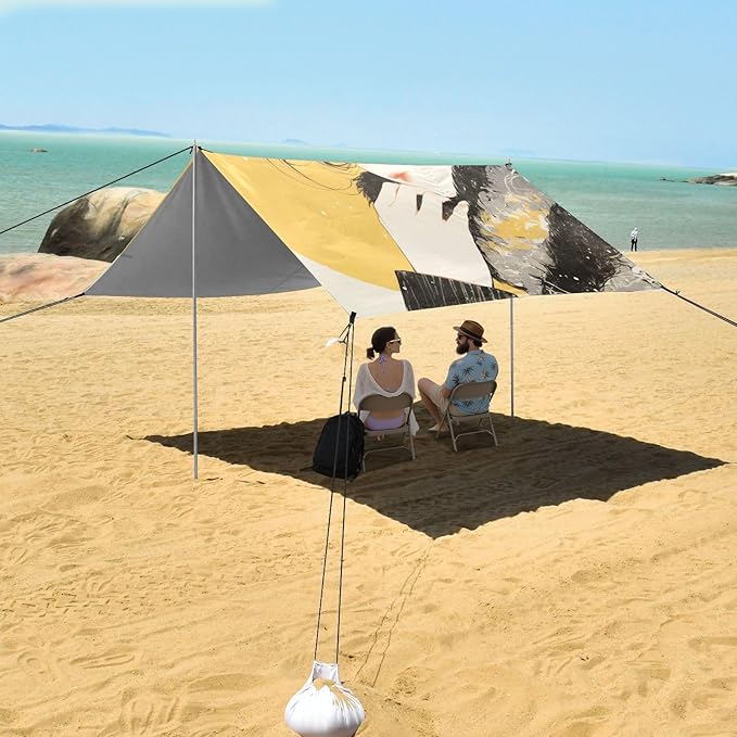 Beauty Yellow and Black Foldable Beach Cabana UPF50+ Protection Water-Resistant Portable Sun Shelter with Sandbags and Shovel for Camping Fishing Backyard Fun