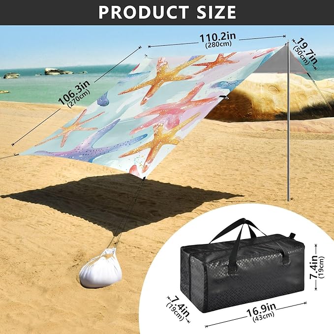 ALAZA Colorful Starfish Seamless Beach Tent Sun Shelter Portable Canopy Sunshade for Outdoor Camping Picnics Backyard Fun 10x9 ft