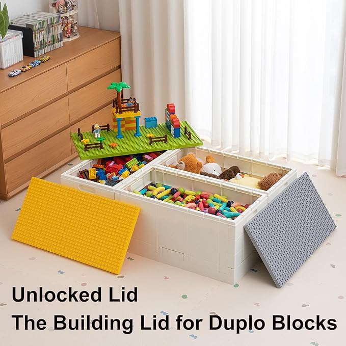SHIMOYAMA 53 Qt. Folding Storage Box with Large Building Lid for Lego Duplo Blocks 13 Gallon Collapsible Organizer for Lego Bricks (Yellow)