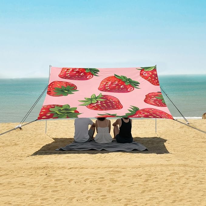 ALAZA Cute Strawberry Patterns on Bright Pink Beach Tent Sun Shelter Portable Canopy Sunshade for Outdoor Camping Picnics Backyard Fun 10x9 ft