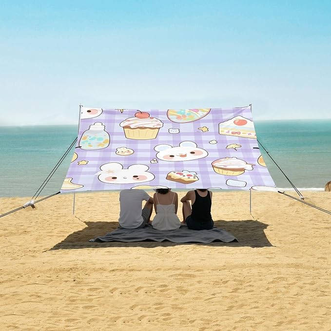 Cute Cupcakes in Blue Plaid Foldable Beach Tent UPF50+ Protection Water-Resistant Portable Sun Shelter with Sand Shovel for Camping Picnics Backyard &amp Fishing