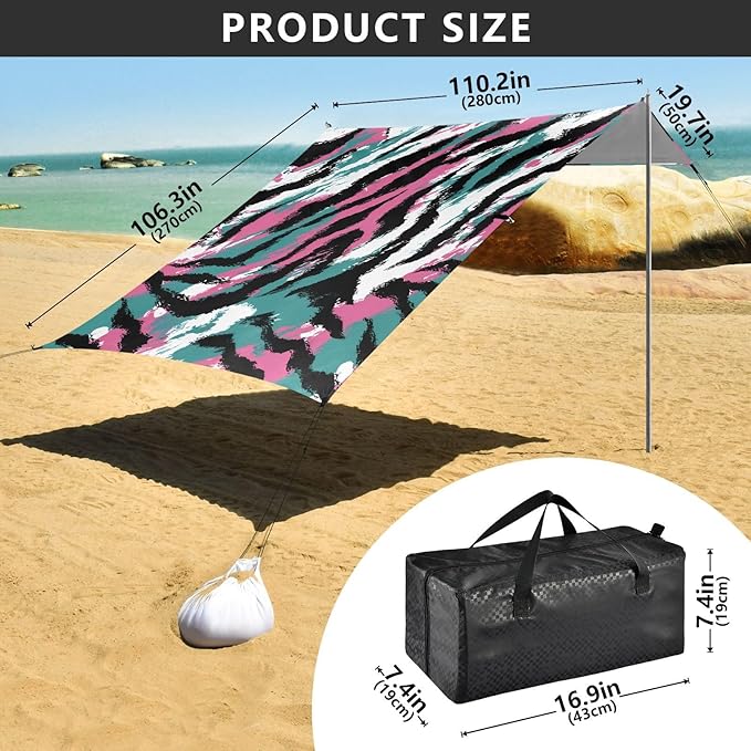 ALAZA Tiger Prints Beach Tent Sun Shelter UPF50+ Protection Beach Shade Canopy w/ 4 Sandbags for Outdoor Camping Fishing Backyard Fun Picnic 10x9 ft