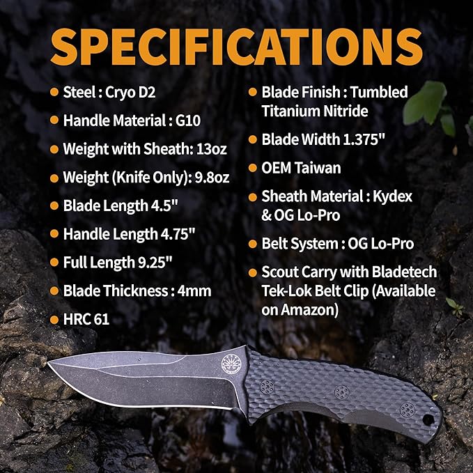 Off-Grid Knives - Backcountry Blackout V2 Fixed Blade with Cryo D2 Blade Steel Full Tang Grippy G10 Scales Kydex Sheath with Lo-Pro Belt Clip Camping Hunting Bushcraft Survival