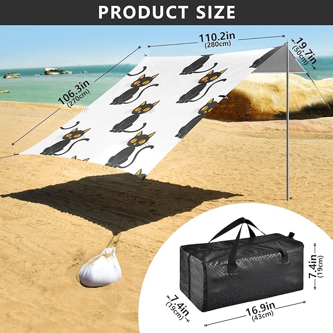 ALAZA Doodle Cat Kitten Beach Tent Sun Shelter UPF50+ Protection Beach Shade Canopy w/ 4 Sandbags for Outdoor Camping Fishing Backyard Fun Picnic 10x9 ft