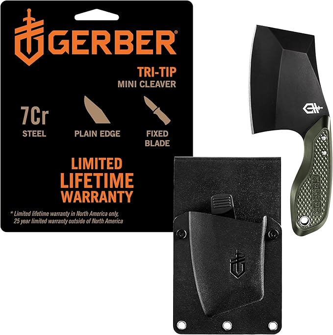 Gerber Gear TRI-Tip Mini Cleaver Fixed Blade Camping Knife with Molle Sheath for Survival and Bushcrafting Green