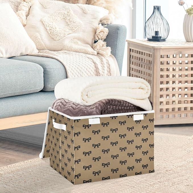 Storage Bins With Lid Stackable Fabric Closet Organizer Clothing Storage Large Boxes For Closet Shelves Bedroom Brown Textured Bow