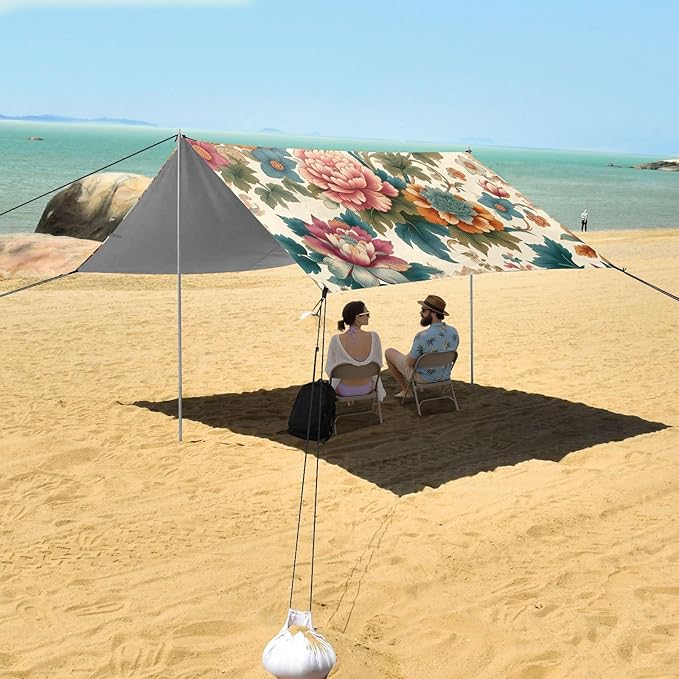 Oriental Floral Print Beach Tent Sun Shelter Set UPF50+ UV Protection 10.5 x 9.19 FT Camping Shade Canopy with Sandbags Sand Anchors Carrying Bag and Others