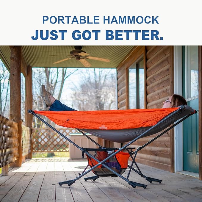Portable Hammock with Stand World's Best Mock ONE® Hammock Compact Folding Framed Hammock with Adjustable Sunshade Canopy for Park Backyard Garden Camping Hiking Mountaineering Beaches- Orange