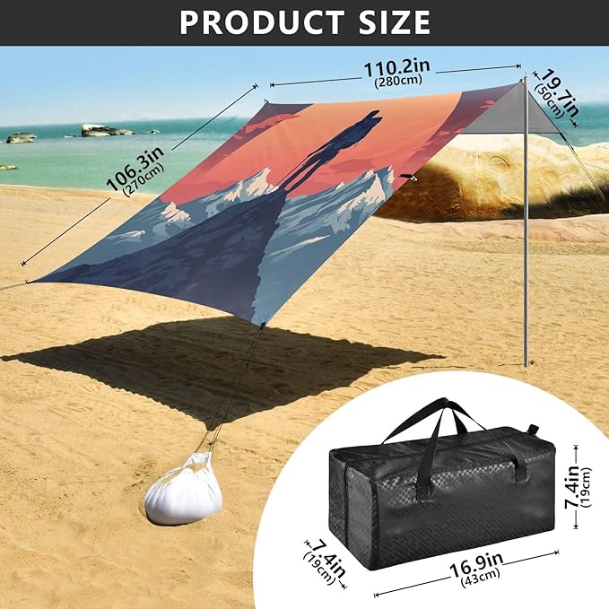 ALAZA Man Mountain Sunset Travel Beach Tent Sun Shelter UPF50+ Protection Beach Shade Canopy w/ 4 Sandbags for Outdoor Camping Fishing Backyard Fun Picnic 10x9 ft