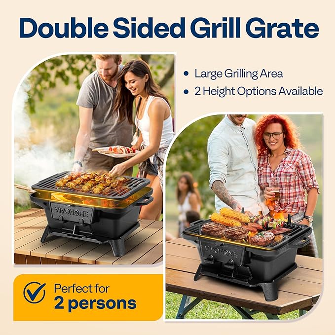 VIVOHOME Rectangle Cast Iron Charcoal Grill with Double-Sided Grate Portable Outdoor BBQ Grill Compact Tabletop Grill Stove (Note: The charcoal grid is made of stainless steel not cast iron)