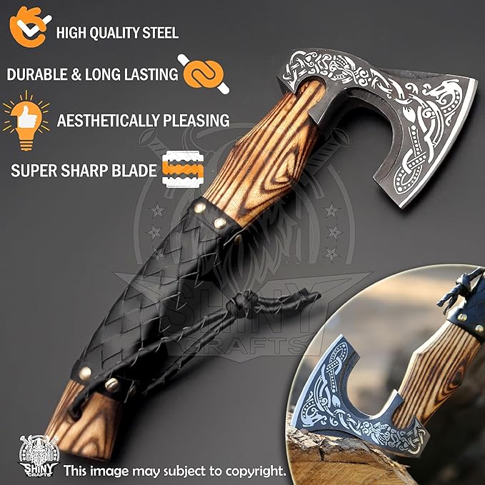 SHINY CRAFTS® Handcrafted Decorative Viking Axe with Leather-Wrapped Handle &amp Sheath – Engraved Blade – Ceremonial Collectible Gift for Men Warriors History Buffs Cosplay &amp Display (VBA-19)