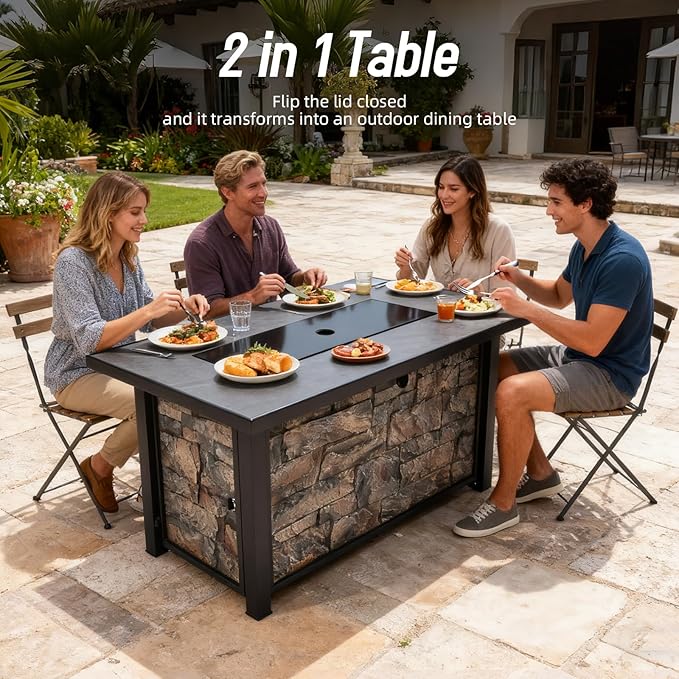 48 Fire Pit Table with Ceramic Top &amp Stone-Looking Panel Propane Gas Fire Pit 50000 BTU Outdoor Fire Table for Patio Backyard Deck Balcony - Includes Metal Lid Lava Rocks &amp Rain Cover