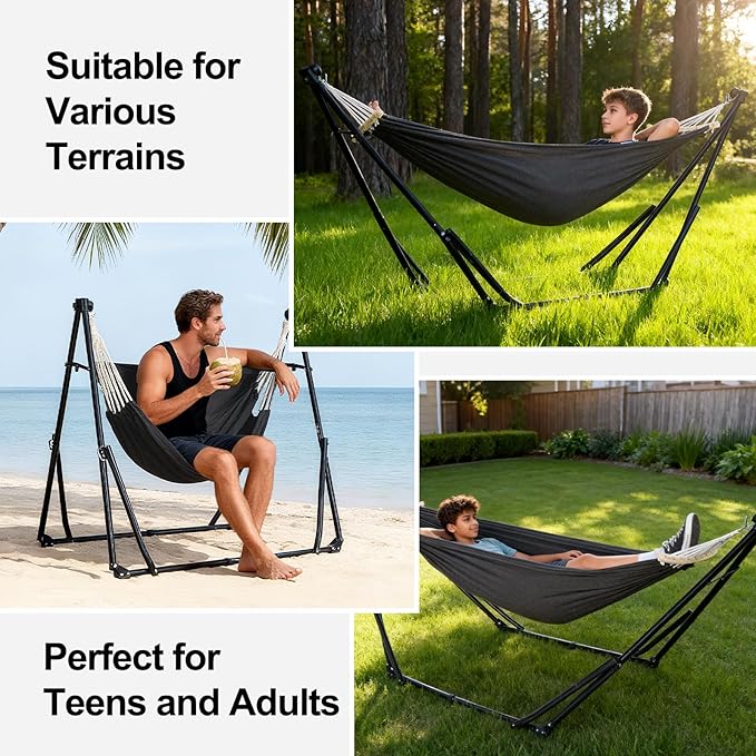 2-in-1 Hammock &amp Swing Chair for Teens – Adjustable Folding Chair with Collapsible Steel Stand Portable for Camping Travel Patio &amp Indoor Use Includes Carrying Case Supports 440 LBS