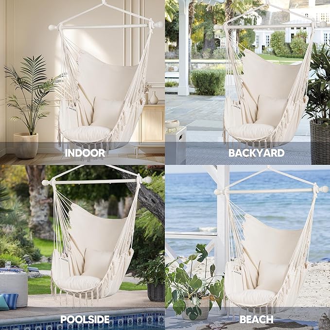 SUNCREAT Hammock Chair Hanging Rope Swing Seat-Max 450lbs Capacity Extra Large Macrame Hanging Swing with Side Pocket Two Seat Cushion Beige