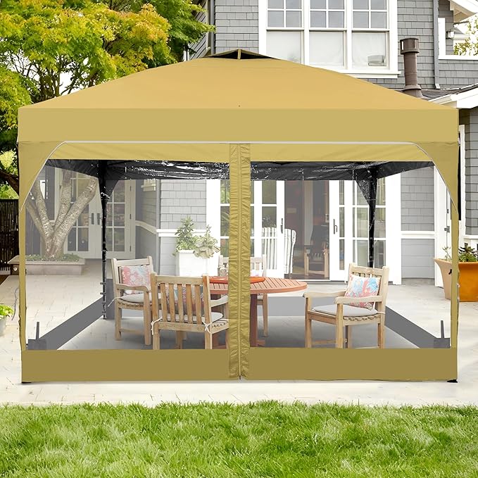 GDY 12x12 FT Pop Up Canopy Tent with One Push SetupSetup Gazebo with 4 PVC Transparent SidewallsEasy Carry for Events Parties Camping Khaki