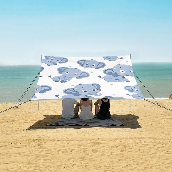 ALAZA Cute Elephant Cartoon Beach Tent Sun Shelter UPF50+ Protection Beach Shade Canopy w/ 4 Sandbags for Outdoor Camping Fishing Backyard Fun Picnic 10x9 ft