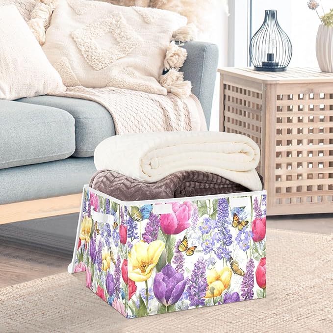 Storage Bins with Lids Storage Containers Box Organizer Bin Basket with Handles for Closet Shelves Clothes Stackable Foldable Decorative Tulips Lavenders Purple Butterfly