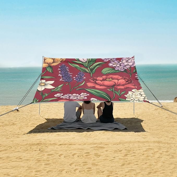Spring Flower on Red Beach Tent &amp Canopy UPF50 Lightweight Portable Sun Shelter Includes Sand Shovel Sandbags Stability Poles for Camping Fishing Backyard Fun
