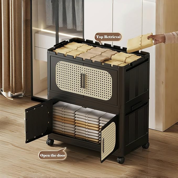 5 Tiers Folding Storage Cabinet20 Side Wide Stackable Storage Bins with Doors and Wheels Space Saving Plastic Cabinet for Living Room Office Dorm Retro Black