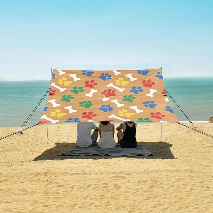 xigua Paw Print Beach Tent Sun Shelter with Carrying Bag - Silver Coated Oxford Fabric Beach Canopy for Beach Camping Fishing - Includes Windproof Ropes Sandbags &amp Stakes