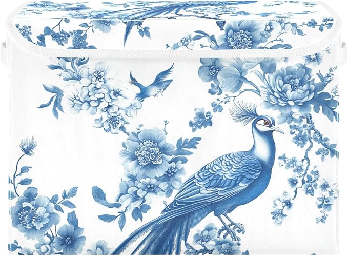 Collapsible Storage Bins with Lids Decorative Fabric Storage Cubes Closet Organizer and Storage Basket Boxes Containers for Clothes Box Chest Nursery Folding Rectangle Chinoiserie Peacock