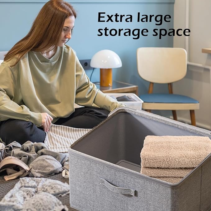 Collapsible Storage Bins for Home OrganizationGrey storage Bins Waterproof Fabric Foldable Organizer Boxes [3 Pack] 19.29in x 14.57in x 12.2in (49CM x 37CM x 31CM)