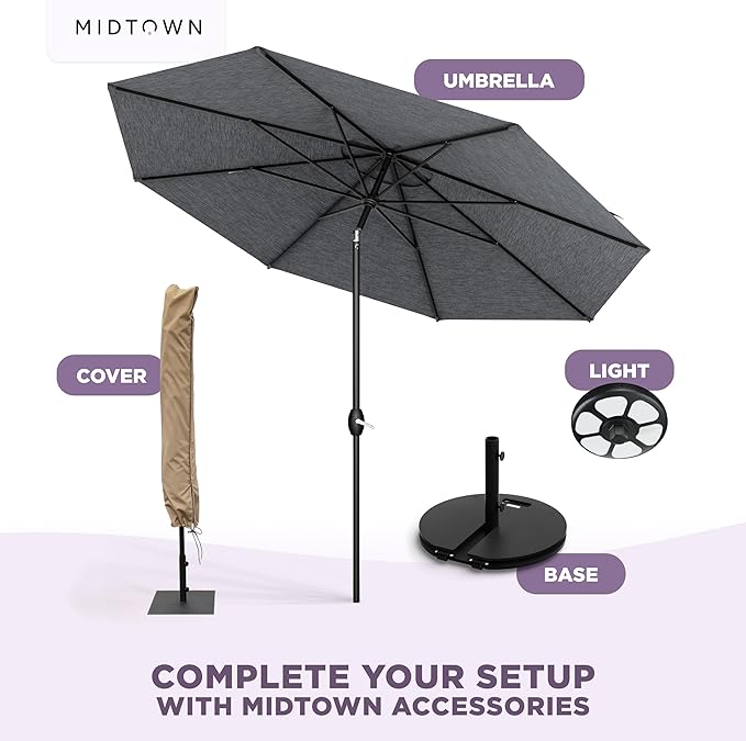 Midtown Umbrellas 10-Year-No-Fade - 9 Ft - UV Proof Heather Grey Polyester Fabric - Umbrella Outdoor Patio Auto-Tilt Aluminum Frame Patio Umbrella for Garden Pool &amp Deck - Black Pole