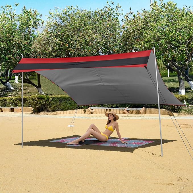 ALAZA Red Black Stripes Beach Tent Sun Shelter Portable Canopy Sunshade for Outdoor Camping Picnics Backyard Fun 10x9 ft