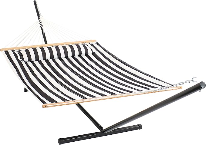 Sunnydaze Quilted Double Hammock with Stand for Outside - 350-Pound Capacity 2-Person Hammock with Stand - 12-Foot Stand - Black and White