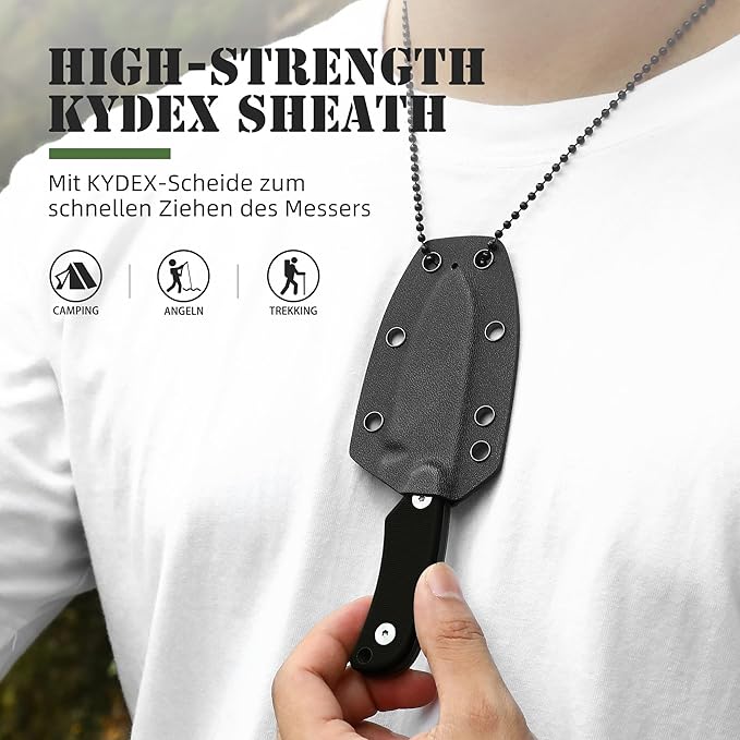Omesio Neck Knife 5.82 Small Fixed Blade Tactical Knife Compact Full Tang EDC Neck Knife with Sheath and Clip Nessmuk D2 Steel G10 Handle Mini Knife Necklace for Outdoor Hiking Camping
