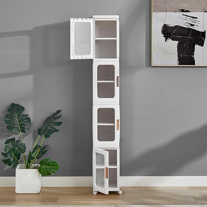 65 Narrow Tall Plastic Foldable Storage Bins 4 Tier Stackable Container Organizer Set with Window Wheels White Rolling Stacking