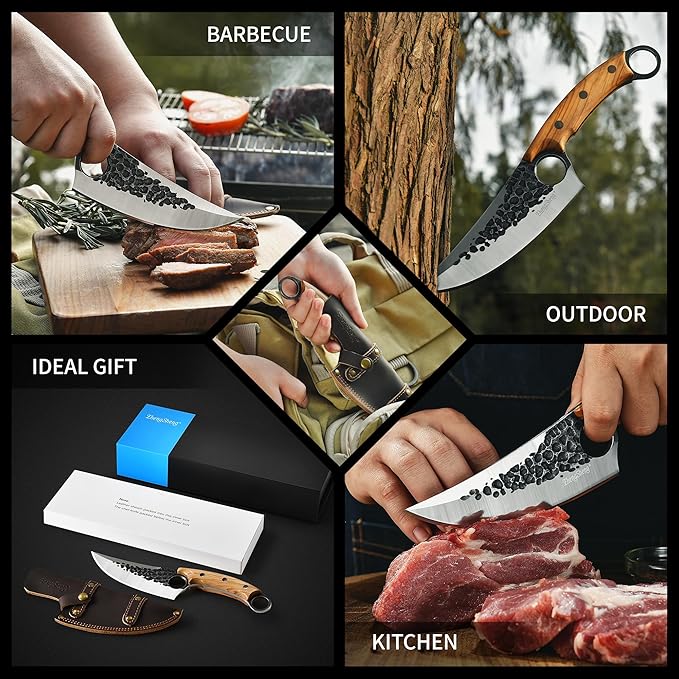 ZhengSheng Chef Knife Great Kitchen Knife with Leather Sheath Olive Wooden Handle Japanese Style Forged Viking knives for Home Cooking Camping BBQ