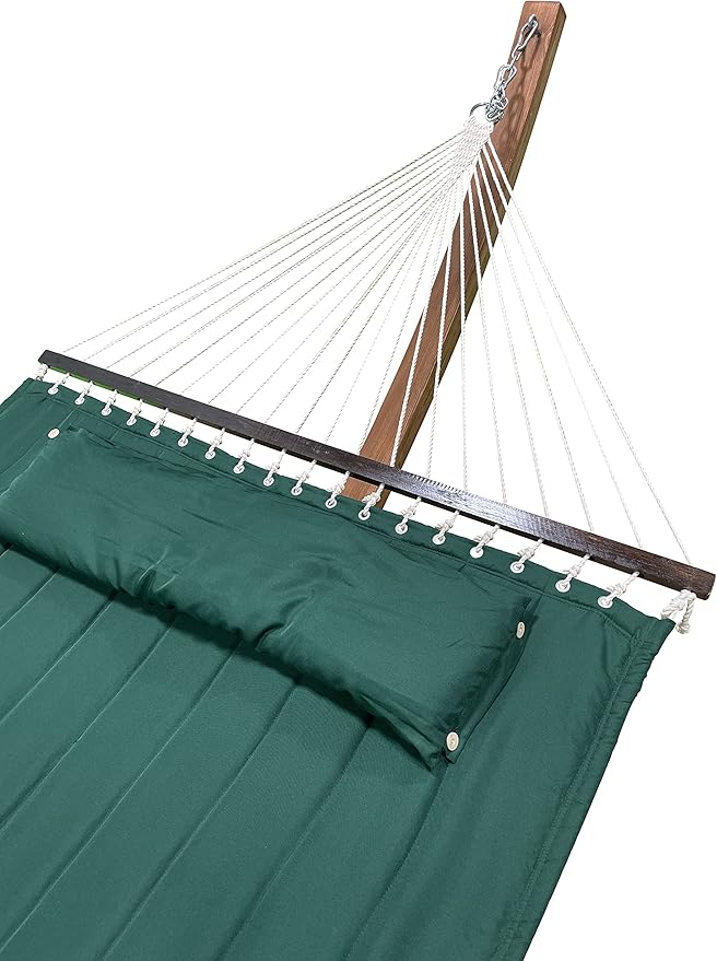 14 Ft. Wooden Arc Hammock Stand + Deluxe Quilted Double Padded Hammock Bed w/Pillow. 2 Person Bed. 450 LB Capacity(Teak Stain/Elegant Hunter Green)
