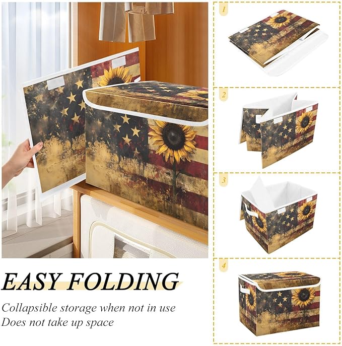 Storage Cube with Lid Sunflower American Print 16.5×12.6×11.8 IN Collapsible Large Capacity Foldable Storage Basket Bin Organizer
