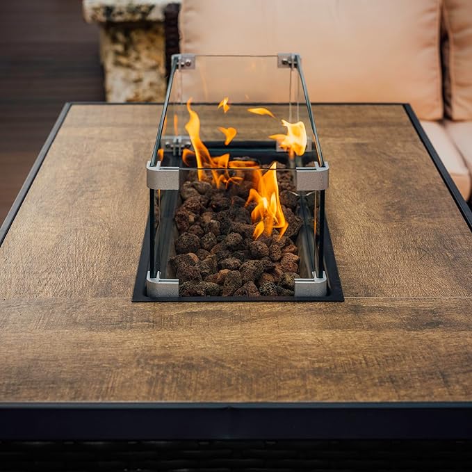Nestl 43 Inch Fire Pit for Outdoor - 50000 BTU Outdoor Propane Fire Pit Table with Lid Rain Cover &amp Lava Rocks - Patio Fire Pit Table with Tempered Glass for Backyard Gatherings - Black